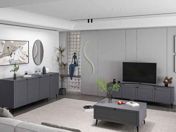 Minar Kale Pandora Set1 Tv + Orta Sehpa + Aynalı Konsol Antrasit - Resim 2