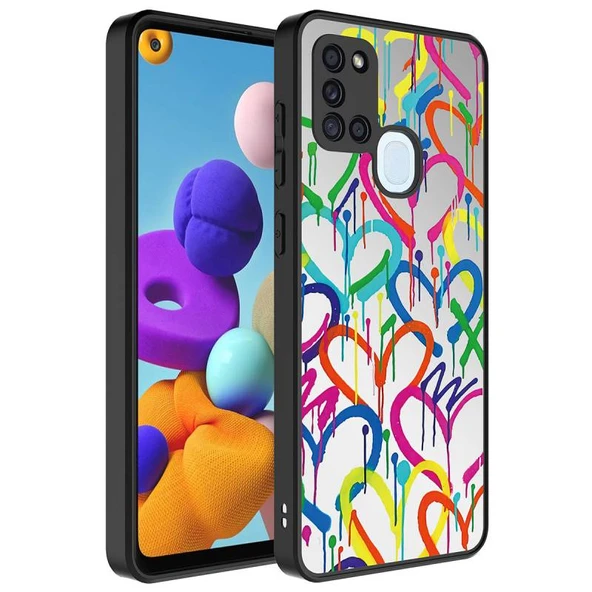 Samsung Galaxy A21S Ayna Görünümlü ve Desenli Şık Mirror Premium Kılıf Kalpler