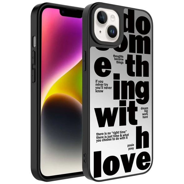 iPhone 14 Ayna Görünümlü ve Desenli Şık Mirror Premium Kılıf Love
