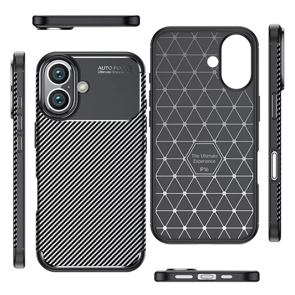 iPhone 16 Kılıf Karbon Desenli Şık Negro Premium Silikon Kapak Siyah - 2