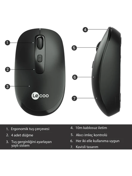 Lenovo Lecoo WS205 Ergonomik Optik Kablosuz Mouse - 7