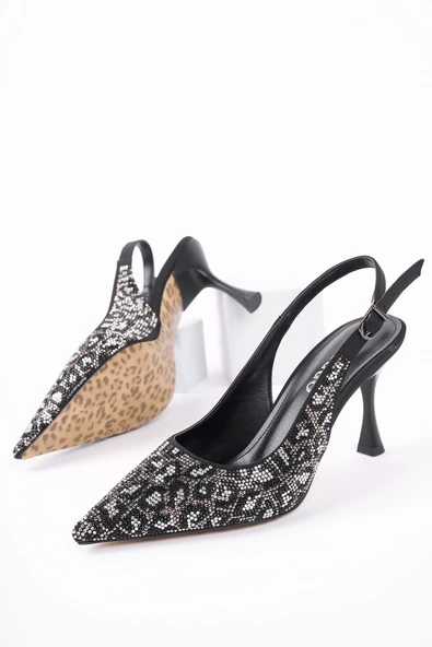 Muggo MİDNİGHT Kadın Sivri Burun Leopar Detaylı Arkası Açık Günlük Klasik Topuklu Abiye Ayakkabı - 12