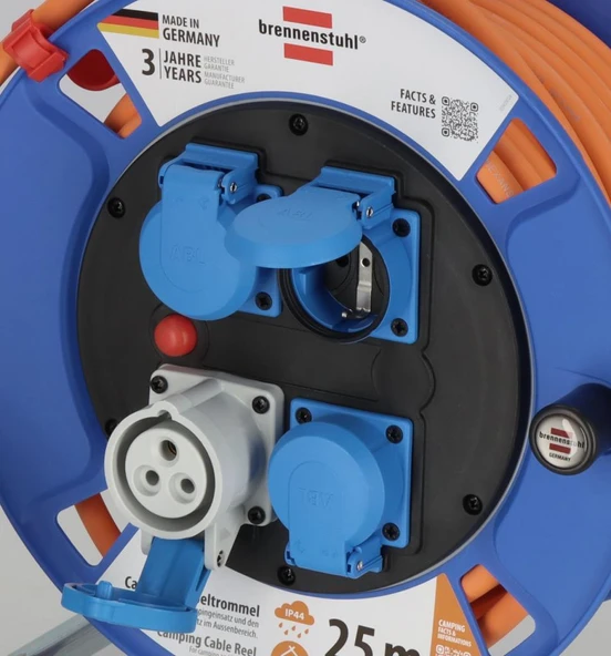 Brennenstuhl Camping Serisi IP44 Lisanslı Emniyet Şalterli  3 Yıl Garantili 25 Metre Uzatmaya Sahip Makaralı Kablo H07RN-F 3G2.5 - 5