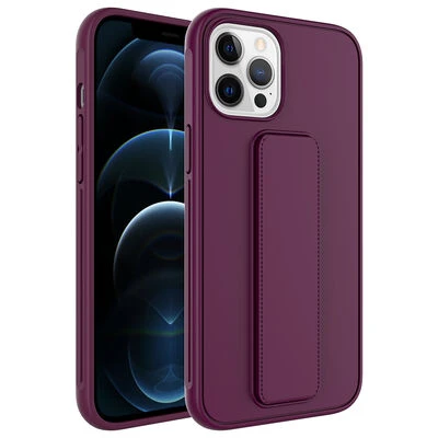 iPhone 12 Pro Kılıf Şık ve Stantlı QStand Premium Kapak Mürdüm