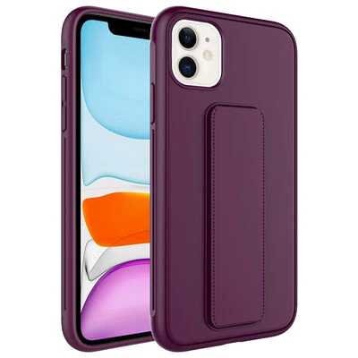 iPhone 12 Kılıf Şık ve Stantlı QStand Premium Kapak Mürdüm