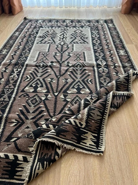 180x117 cm Siyah Kahverengi Türk Kilim, El Dokuması Yün Kilim, Ender Motifli Şık Ev Hediyesi