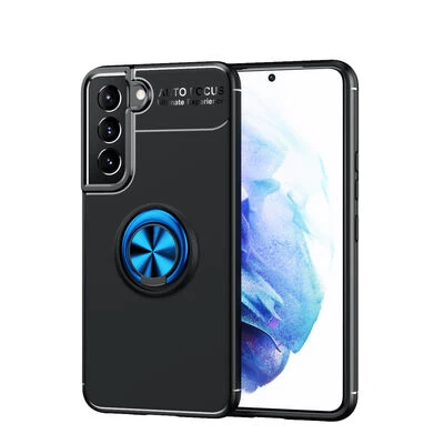Samsung Galaxy S22 Ultra Koruma Sağlayan Stant Özellikli Yüzüklü Ravel Silikon Kılıf Siyah Mavi