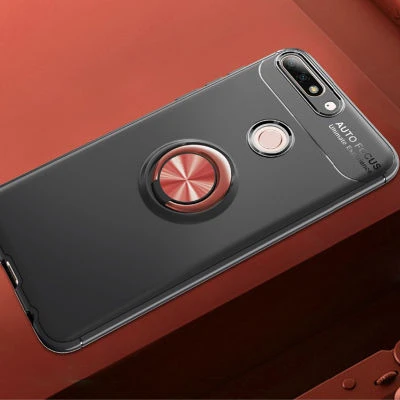 Huawei Y7 2018 Ultra Koruma Sağlayan Stant Özellikli Yüzüklü Ravel Silikon Kılıf Siyah Rose