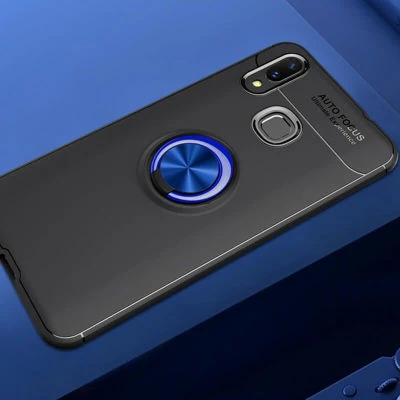 Huawei P Smart 2019 Ultra Koruma Sağlayan Stant Özellikli Yüzüklü Ravel Silikon Kılıf Siyah Mavi