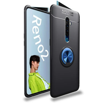 Oppo Reno 2Z Ultra Koruma Sağlayan Stant Özellikli Yüzüklü Ravel Silikon Kılıf Siyah Mavi