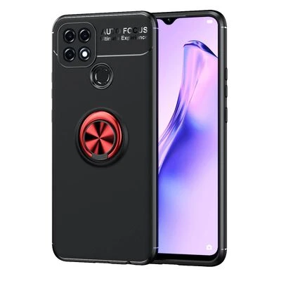 Oppo A15S Ultra Koruma Sağlayan Stant Özellikli Yüzüklü Ravel Silikon Kılıf Siyah Kırmızı