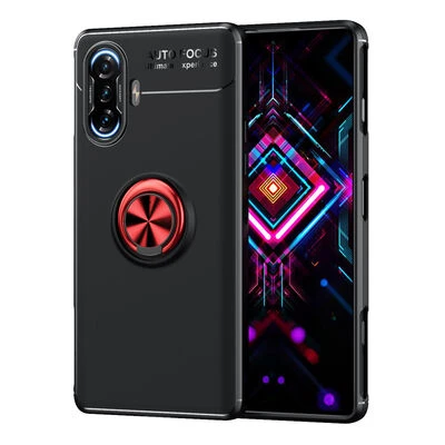 Redmi K40 Gaming Ultra Koruma Sağlayan Stant Özellikli Yüzüklü Ravel Silikon Kılıf Siyah Kırmızı