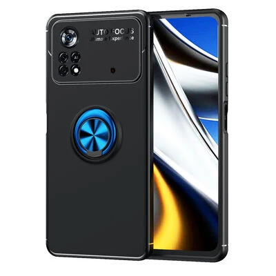 Poco X4 Pro 5G Ultra Koruma Sağlayan Stant Özellikli Yüzüklü Ravel Silikon Kılıf Siyah Mavi