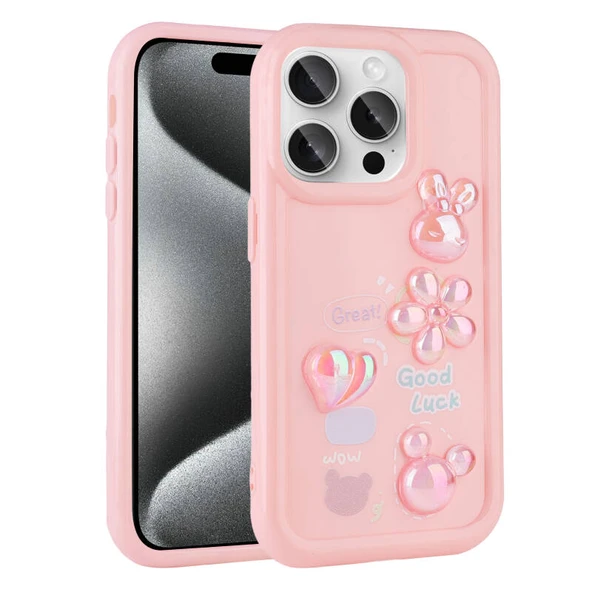 iPhone 15 Pro Max Kılıf Kabartma Figürlü Parlak Toys Silikon Kapak Pembe