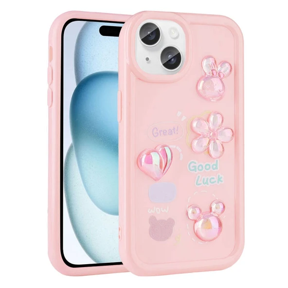 iPhone 14 Kılıf Kabartma Figürlü Parlak Toys Silikon Kapak Pembe