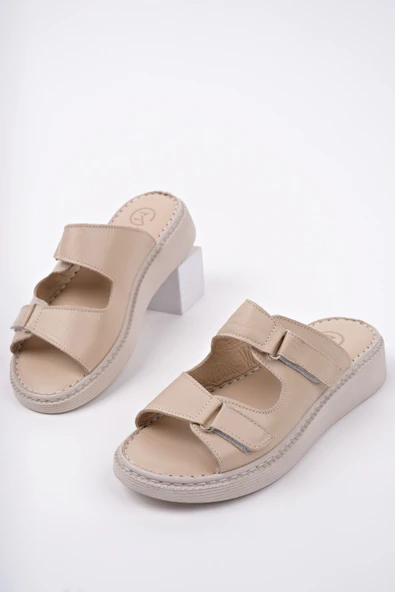 Muggo MORGEN Hakiki Deri Çift Bantlı Ayarlanabilir Ortopedik Günlük Kadın Terlik - 5