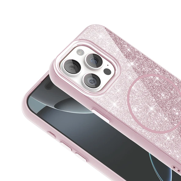 iPhone 15 Pro Kılıf Magsafeli ve Parlak Simli Okso Premium Sert Silikon Kapak Gold - 3