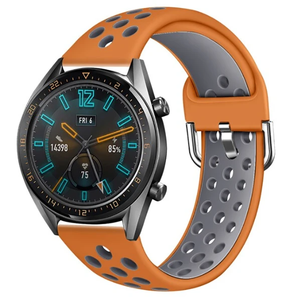 TechnoGuru  Huawei Watch GT 3 46mm Çift Renkli Esnek Delikli Silikon Kordon KRD10  Turuncu Gri