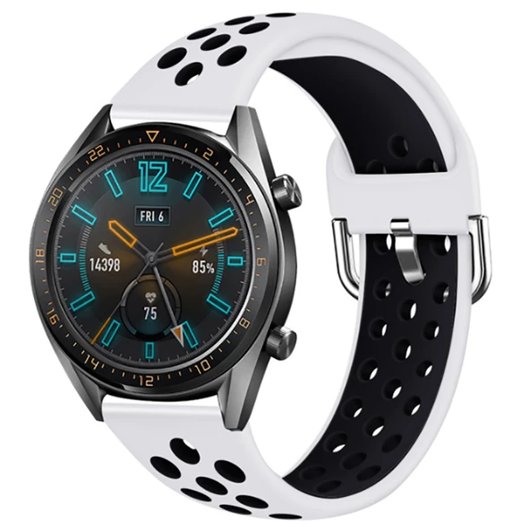 TechnoGuru  Huawei Watch GT 3 46mm Çift Renkli Esnek Delikli Silikon Kordon KRD10  Beyaz Siyah