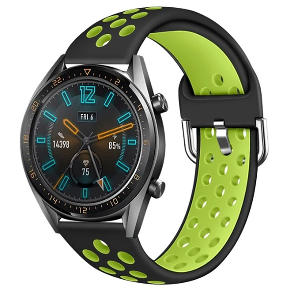 TechnoGuru  Huawei Watch GT 2 46mm Çift Renkli Esnek Delikli Silikon Kordon KRD10  Siyah Yeşil