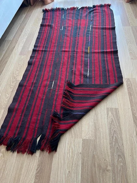 103x205 cm Kırmızı Siyah Çizgili Türk Kilimi, El Dokuması Püsküllü Dekoratif Kilim, Vintage Sevenlere Özel - 9