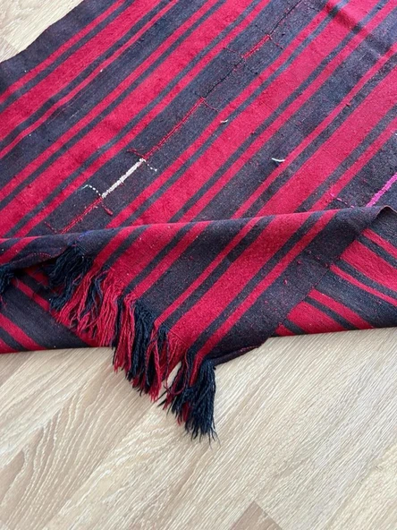 103x205 cm Kırmızı Siyah Çizgili Türk Kilimi, El Dokuması Püsküllü Dekoratif Kilim, Vintage Sevenlere Özel - 6