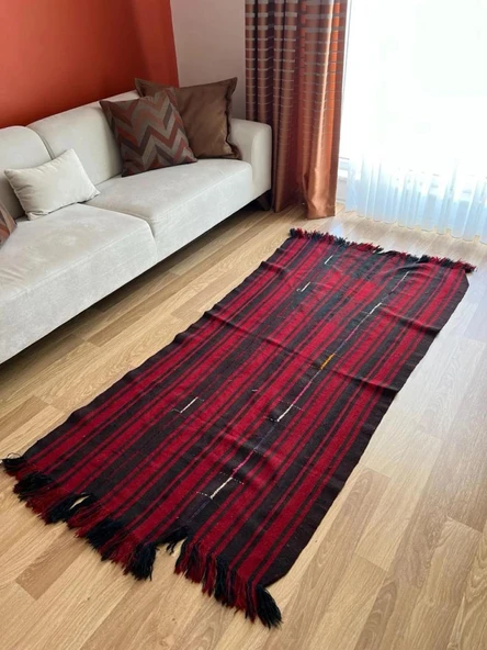 103x205 cm Kırmızı Siyah Çizgili Türk Kilimi, El Dokuması Püsküllü Dekoratif Kilim, Vintage Sevenlere Özel - 2