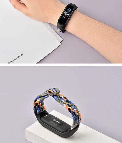 TechnoGuru  Xiaomi Mi Band 6 Hasır Esnek Örgü Naylon Kordon KRD49  Siyah Beyaz - 3