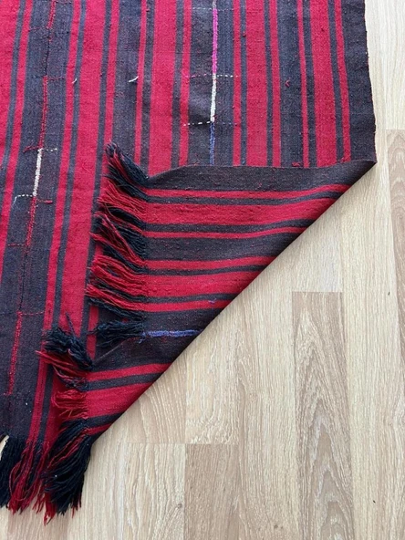 103x205 cm Kırmızı Siyah Çizgili Türk Kilimi, El Dokuması Püsküllü Dekoratif Kilim, Vintage Sevenlere Özel - 7