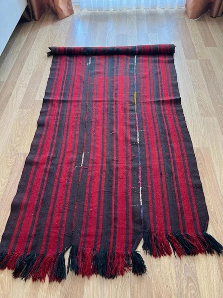 103x205 cm Kırmızı Siyah Çizgili Türk Kilimi, El Dokuması Püsküllü Dekoratif Kilim, Vintage Sevenlere Özel