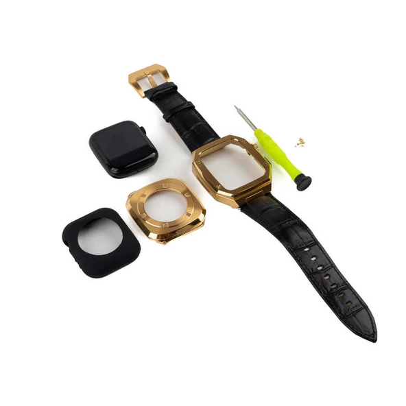 TechnoGuru  ​​​Apple Watch 44mmKordon Metal Gövdeli Deri KRD67  Lacivert Gold - 2