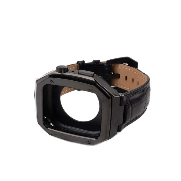 TechnoGuru  ​​​Apple Watch 44mmKordon Metal Gövdeli Deri KRD67  Lacivert Gold - 4