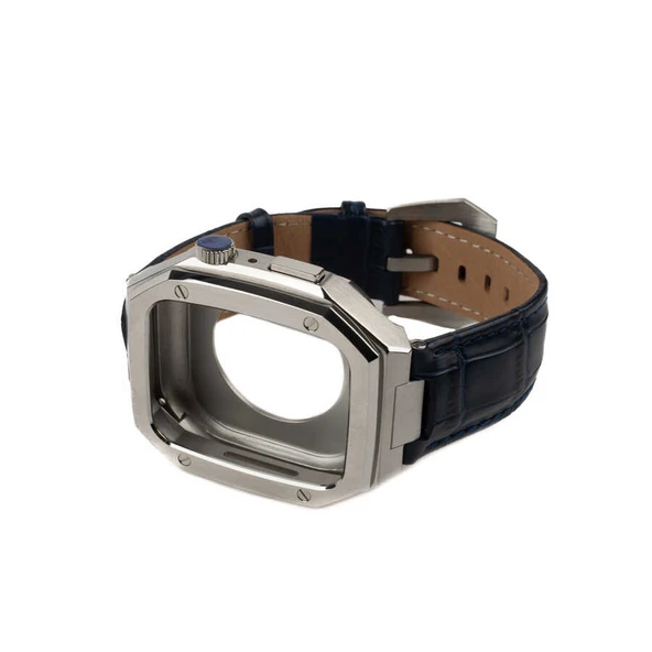 TechnoGuru  ​​​Apple Watch 44mmKordon Metal Gövdeli Deri KRD67  Lacivert Gold - 5