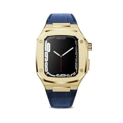 TechnoGuru  ​​​Apple Watch 44mmKordon Metal Gövdeli Deri KRD67  Lacivert Gold