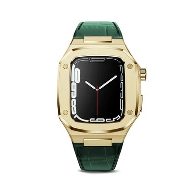 TechnoGuru  ​​​Apple Watch 44mmKordon Metal Gövdeli Deri KRD67  Yeşil Gold