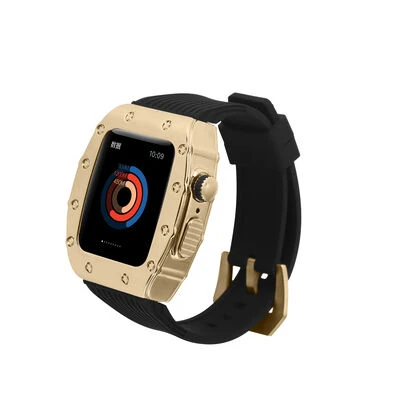 TechnoGuru  ​​​Apple Watch 7 45mm Metal Gövdeli Pu Deri Kordon KRD65  Siyah Gold