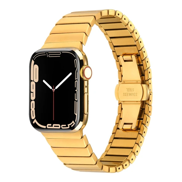 TechnoGuru  ​​​Apple Watch 7 41mm Kordon Metal Gövdeli Çizilmelere Dayanıklı Ayarlanabilir Ölçülü KRD79  Gold