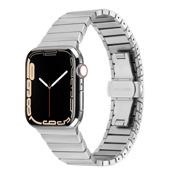 TechnoGuru  ​​​Apple Watch 7 41mm Kordon Metal Gövdeli Çizilmelere Dayanıklı Ayarlanabilir Ölçülü KRD79  Gümüş