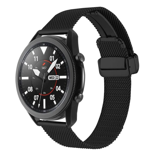 TechnoGuru  Gear S3 (22mm) Kordon Metal Hasır Örgülü Şık KRD85  Siyah