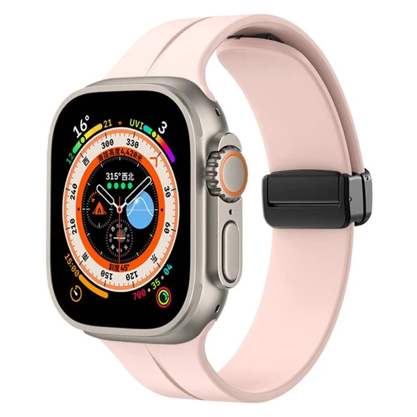 TechnoGuru  Apple Watch Ultra 49mm Kordon Metal Tokalı Esnek Silikon KRD84  Pembe