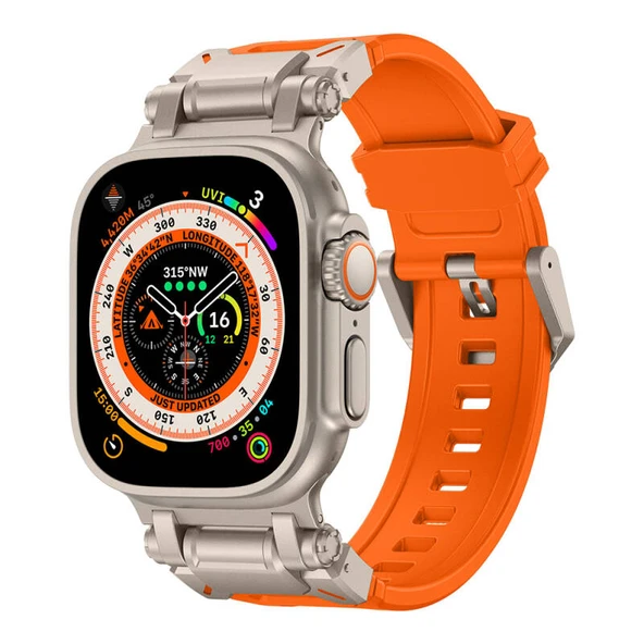 TechnoGuru  Apple Watch Ultra 49mm KRD101 Titanyum Metal Başlıklı Şık Silikon Kordon  Titanyum Turuncu