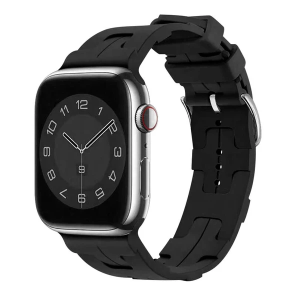 TechnoGuru  Apple Watch 7 41mm Kordon Silikon Yapılı Metal Tokalı KRD92  Siyah