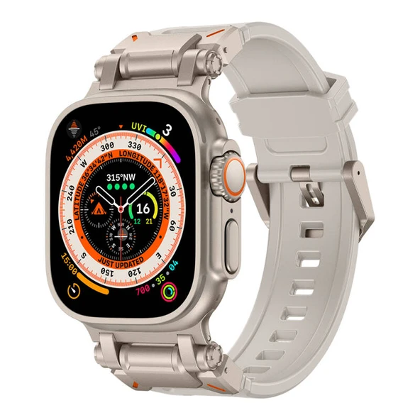 TechnoGuru  Apple Watch Ultra 49mm KRD101 Titanyum Metal Başlıklı Şık Silikon Kordon  Titanyum Yıldız Işığı