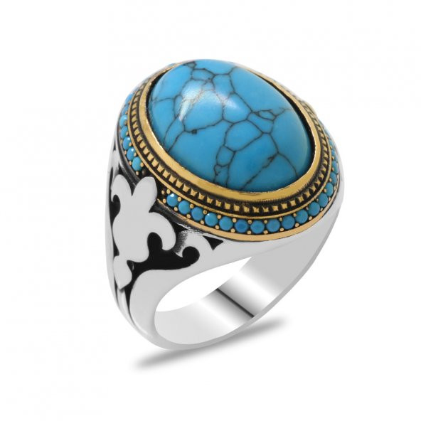 Lale Motifli Turkuaz Firuze Taşlı 925 Ayar Gümüş Erkek Yüzük - 3