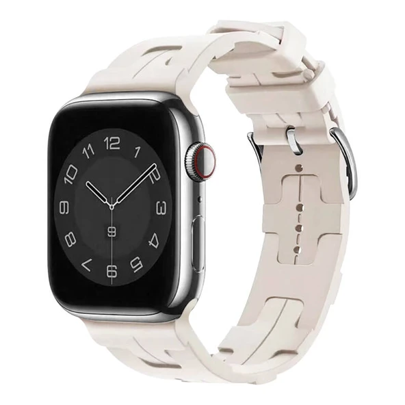 TechnoGuru  Apple Watch 42mm Kordon Silikon Yapılı Metal Tokalı KRD92  Starlight