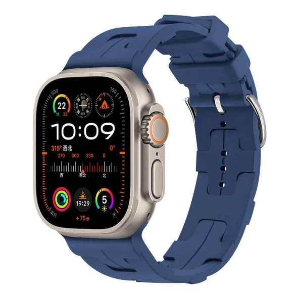 TechnoGuru  Apple Watch Ultra 49mm Kordon Silikon Yapılı Metal Tokalı KRD92  Mavi