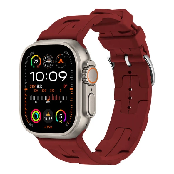 TechnoGuru  Apple Watch Ultra 49mm Kordon Silikon Yapılı Metal Tokalı KRD92  Koyu Kırmızı