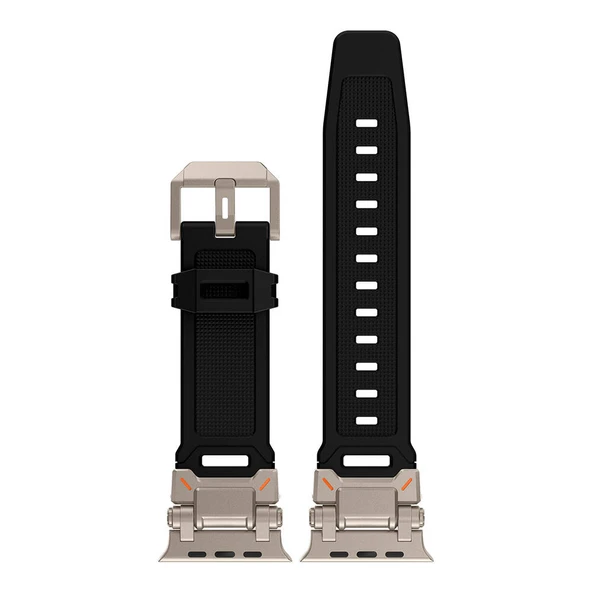 TechnoGuru  Apple Watch 45mm KRD101 Titanyum Metal Başlıklı Şık Silikon Kordon  Siyah Turuncu - 2