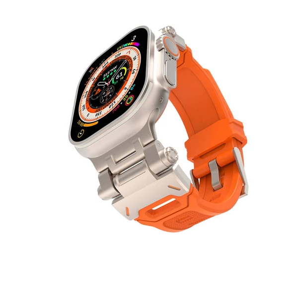 TechnoGuru  Apple Watch 45mm KRD108 Metal Başlıklı Silikon Kordon  Yıldız Işığı Turuncu