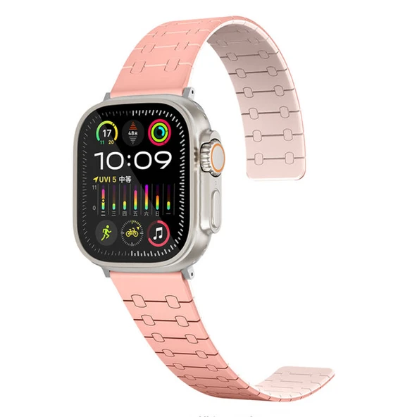 TechnoGuru  Apple Watch 10 42mm KRD111 Çizgili Desenli Silikon Kordon  Pembe